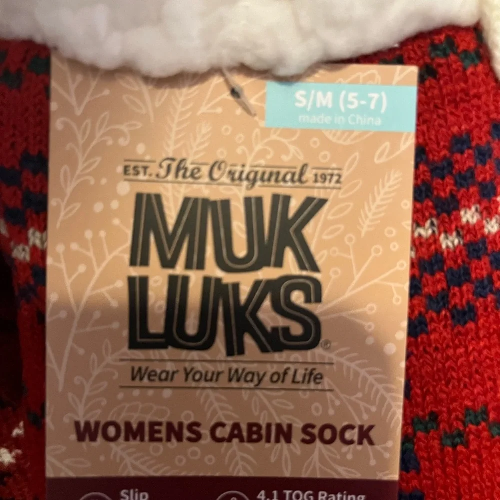 Muk Luks Red and Blue Plaid Knit Sherpa lined Cabin Slipper Socks with Pom Poms - Picture 5 of 6